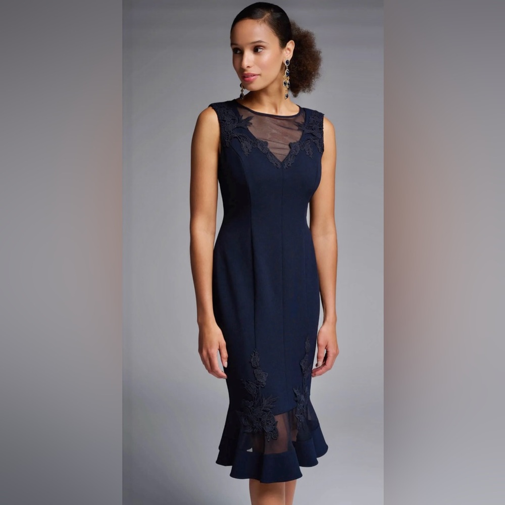 Aidan Mattox Navy Sheath Midi Dress with Lace & Illusion Neckline